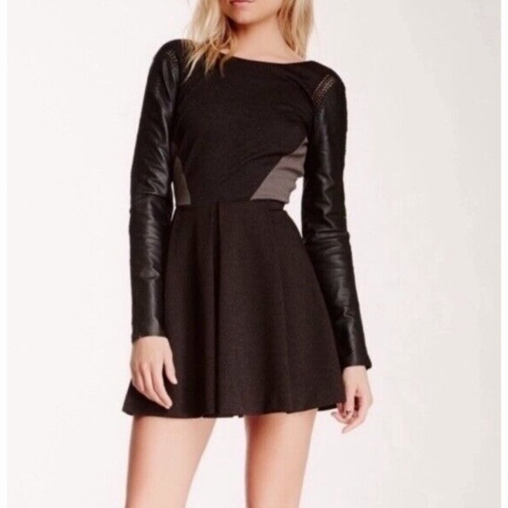 Stella & Jamie RIO Leather Sleeve Crochet Trim Mini Dress Womens Medium Clubwear